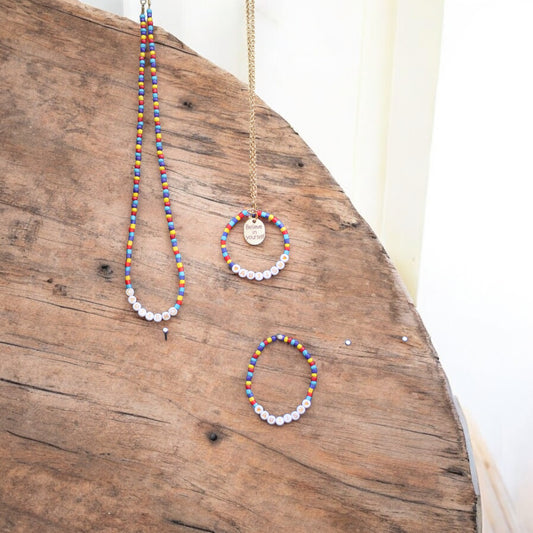 AUTISM AWARENESS BRACELET,NECKLACE AND REARVIEW MIRROR CAR CHARM SET